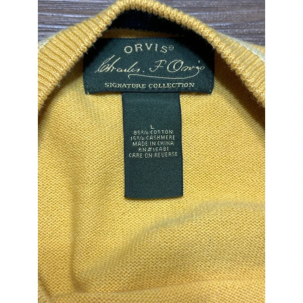 Orvis Signature Collection Cashmere Blend Yellow Sweater Elbow Patches Sz L